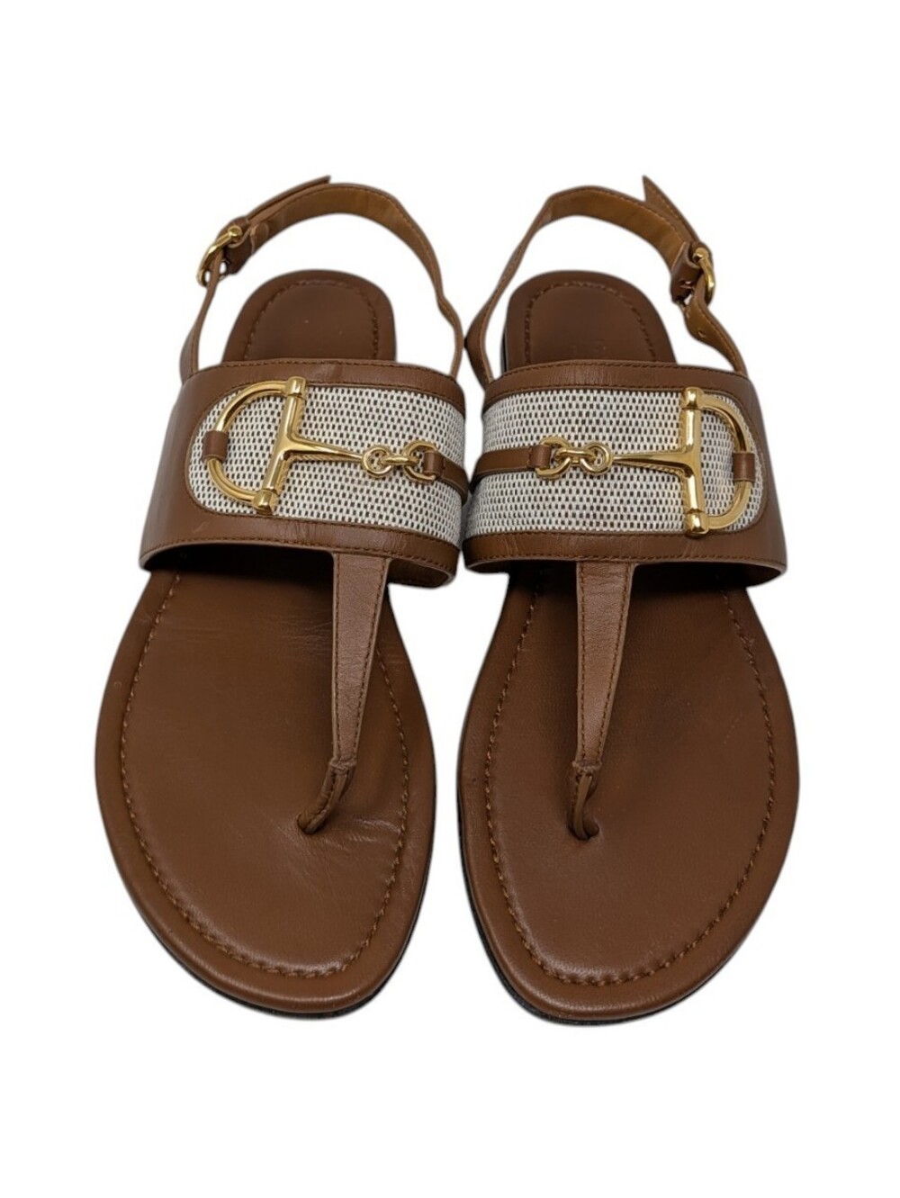 Gucci Alfa Brown Leather Canvas Thong Slingback Sandal Gold Horsebit Size EU 39 - Picture 4 of 10
